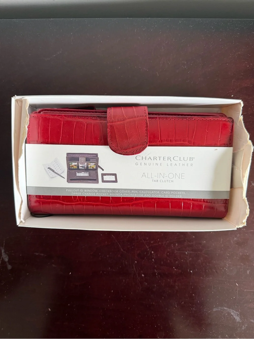 NWT-D Vintage Charter Club All-In-One Red Croc Leather Clutch Wallet READ Desc